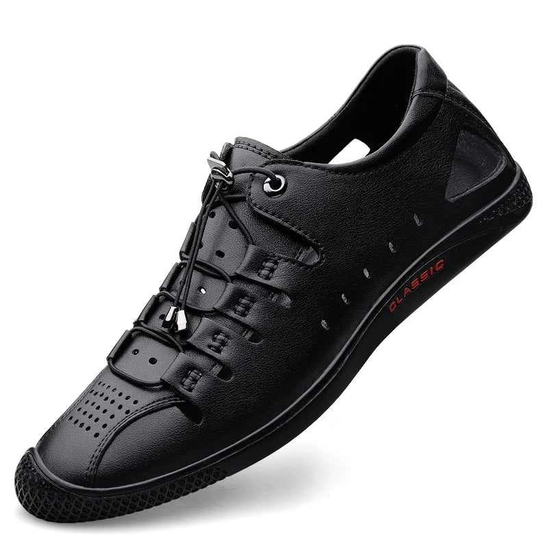 Genuine Leather Summer White Lace Up Hollow Sandals Roman Style Designer Shoes Luxury Brand Breathable Beach Men Shoes Mocassins