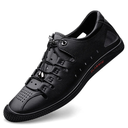 Genuine Leather Summer White Lace Up Hollow Sandals Roman Style Designer Shoes Luxury Brand Breathable Beach Men Shoes Mocassins