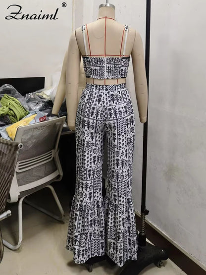 Znaiml Sexy Spaghetti Strap Backless Crop Top and Flare Pants 2 Pieces Set Woman Fashion Black White Print African Outfits