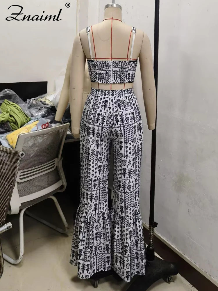 Znaiml Sexy Spaghetti Strap Backless Crop Top and Flare Pants 2 Pieces Set Woman Fashion Black White Print African Outfits