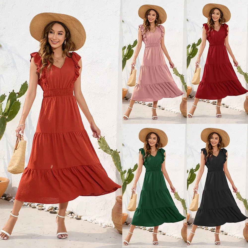 Summer Woman Dress V Neck Sleeveless Red Dresses High Waist A Line Green Maxi Dress Tiered Skirt Boho Black Casual Dress