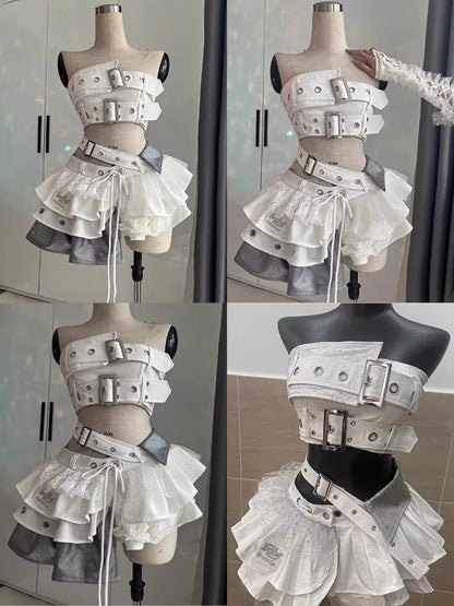 Vintage Summer Elegant Y2K Woman 2 Piece Sets Punk Gothic Strapless Crop Tops +High Waist Ruffle Skirt Female Party Outfits