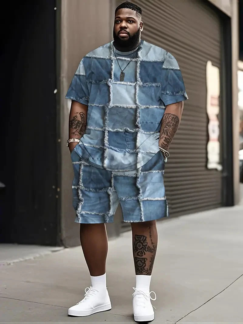 Denim Graphic T-shirt And Shorts 2-piece Set 2025 Plus Size Men's Clothing Casual Loose Drawstring Waist Shorts Short Sleeve Top