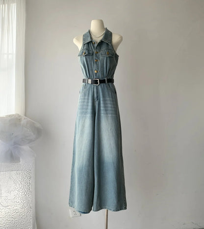 Women Summer Elegant Polo Neck Jumpsuits Straight Denim Sleeveless Single Breasted High Waist Wide Legs Pants  New Fashion