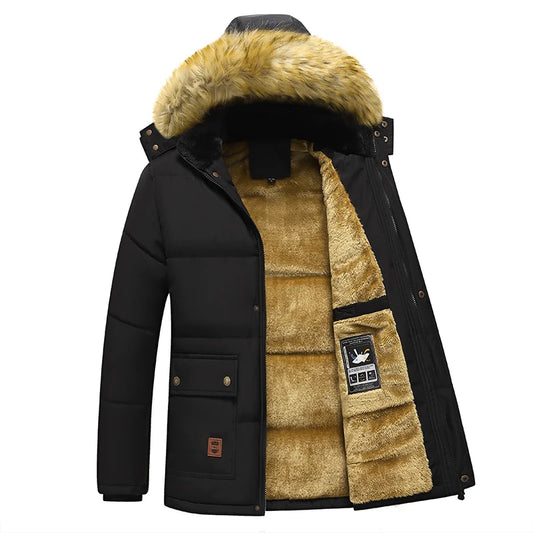 2023 New Men Winter Parka Fleece Lined Thick Warm Hooded Fur Collar Coat Male Size 5Xl Plush Jacket Autumn Work Outwearing Black