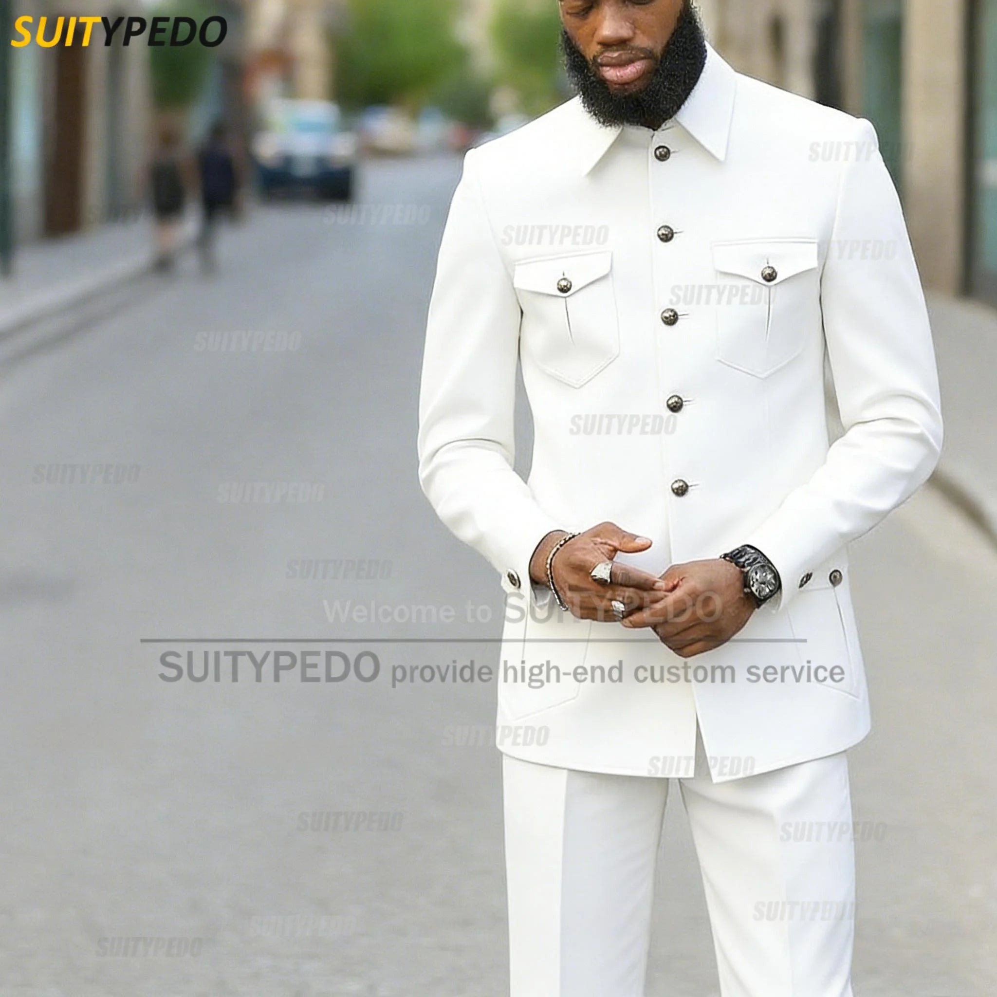 Fashion Stand Collar Men's Suit Newest Smart Casual Four Pockets Prom Formal Hommes 2 Pieces Blazer And Pants Sets Texudos