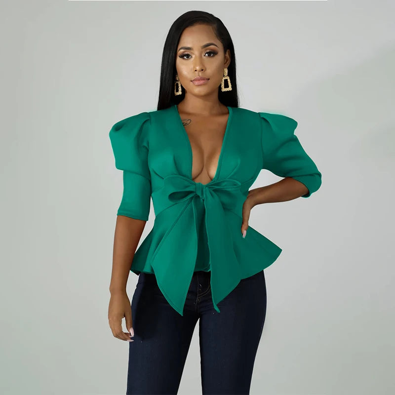 HOUZHOU Women Peplum Blouse Tops with Waist Belt Bowtie Half Sleeve Deep V Neck Sexy Party Clubwear Night Date Out Evening Bluas