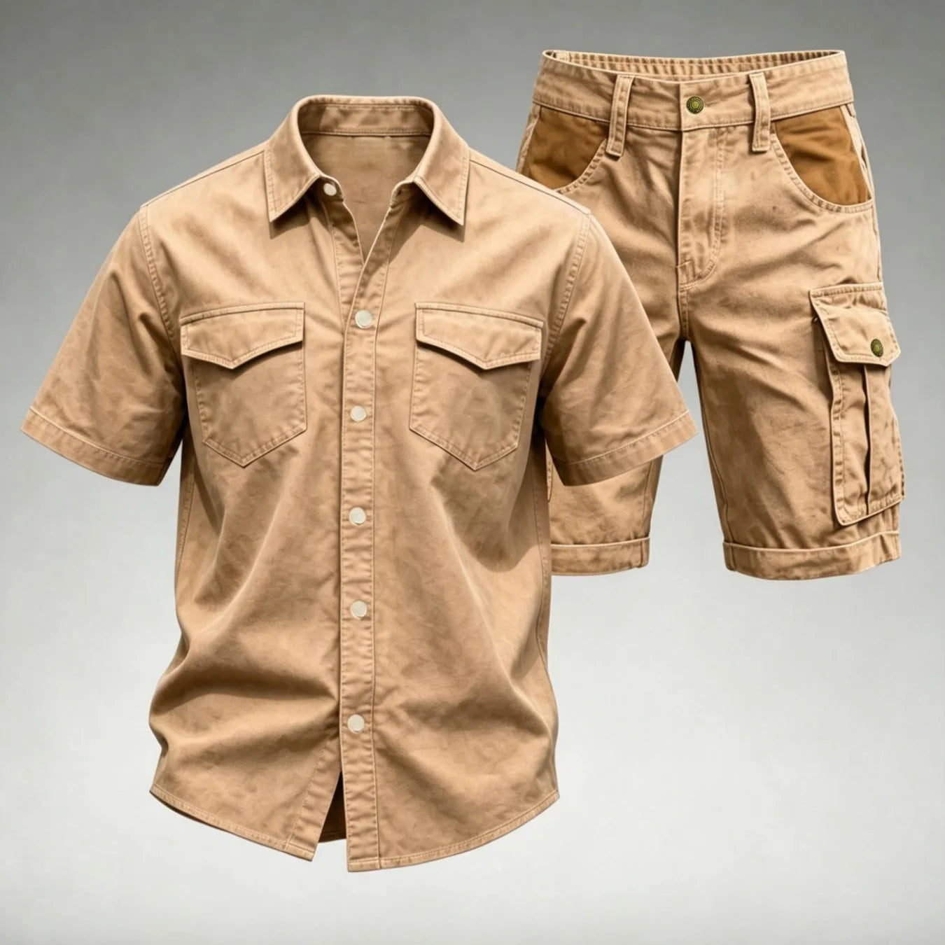 2026 Male Vintage Mens Multi Pocket Outfits Stylish Men Patchwork Shirt Shorts Sets Outdoor Casual Short Sleeve Two Piece Suits