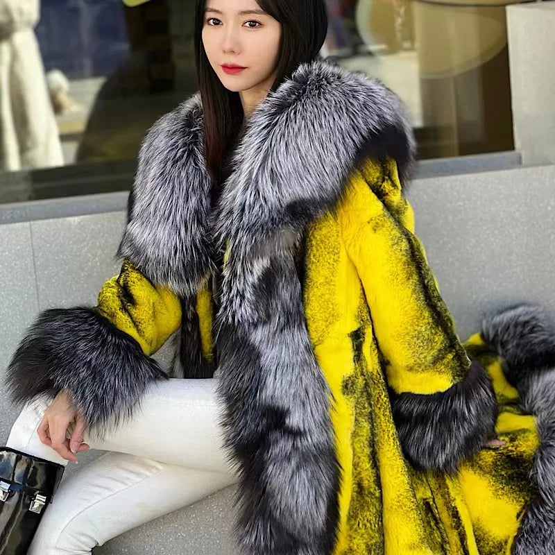 2022Women Real Rex Rabbit Fur Coats With Fox Lapel Collar Natural Whole Skin Genuine Rex Rabbit Fur Long Jackets Overcoat Luxury