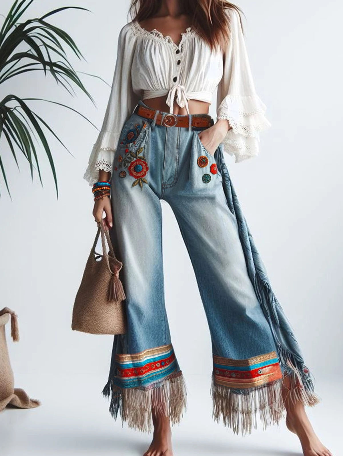 Women Tassel Jeans Pockets Floral Embroidery Patchwork Denim Straight Leg Jeans Ethnic Casual Vintage High Waist Denim Trousers