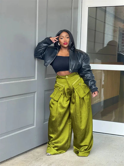 Solid Color Multi-pocket Loose Pants Women High Street Wide Leg Pants Straight High-waisted Oversized Y2K Trousers Pantalones