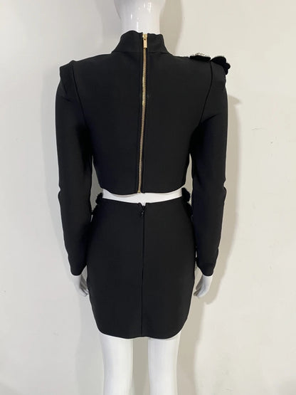 Sexy Long Sleeves Bandage 2-Piece Sets Women Turtleneck Shiny Diamonds Flower Top + Bodycon Mini  Skirts Suits Evening Party Set