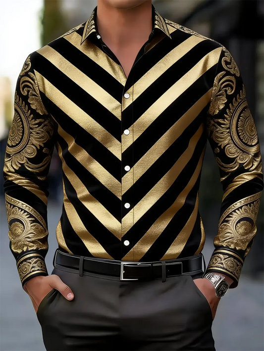New Men's 3D Floral Printed Long Sleeved Shirt with High-Quality Patterns, Casual Long Sleeved Collar Top