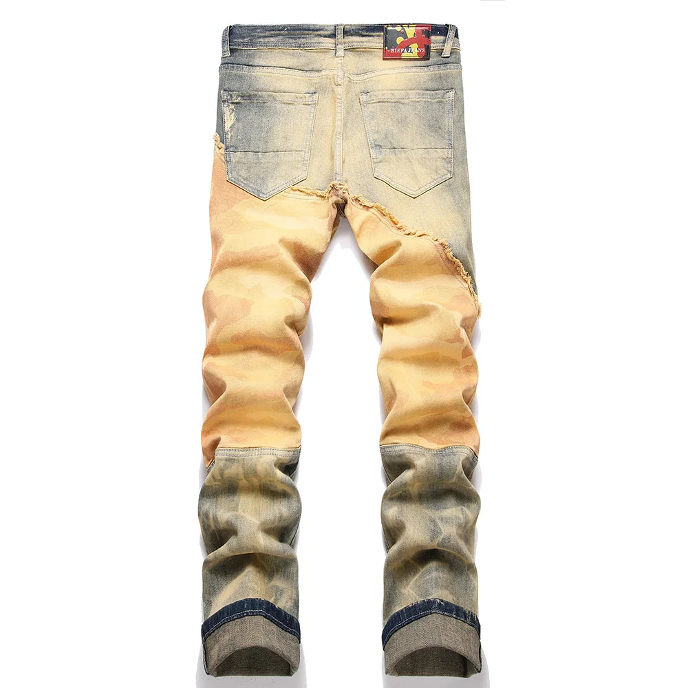 Men Desert Camouflage Denim Jeans Holes Ripped Distressed Stretch Pants Patchwork Spliced Straight Trousers