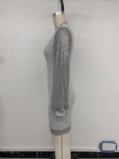 Autumn New Party Dress Sexy Sequin Long Sleeved Patchwork Solid Color Slim Fit Hip Hugging Knitted Frock Dresses  Woman