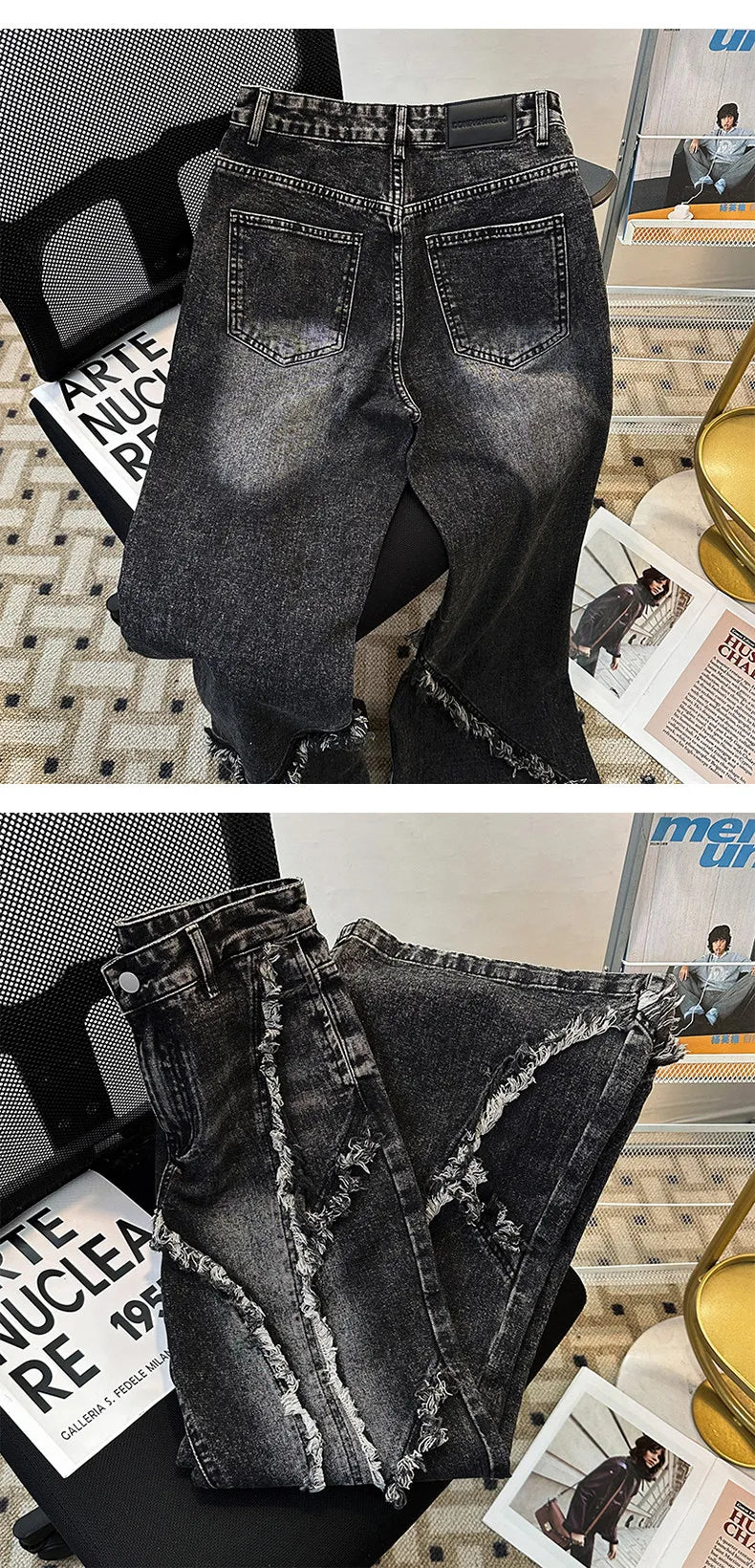 Men's Fringed Denim Set 2026 Spring New American Retro Washed Shoulder Padded Zipper Jacket Splicing Jeans Two Pieces Sets