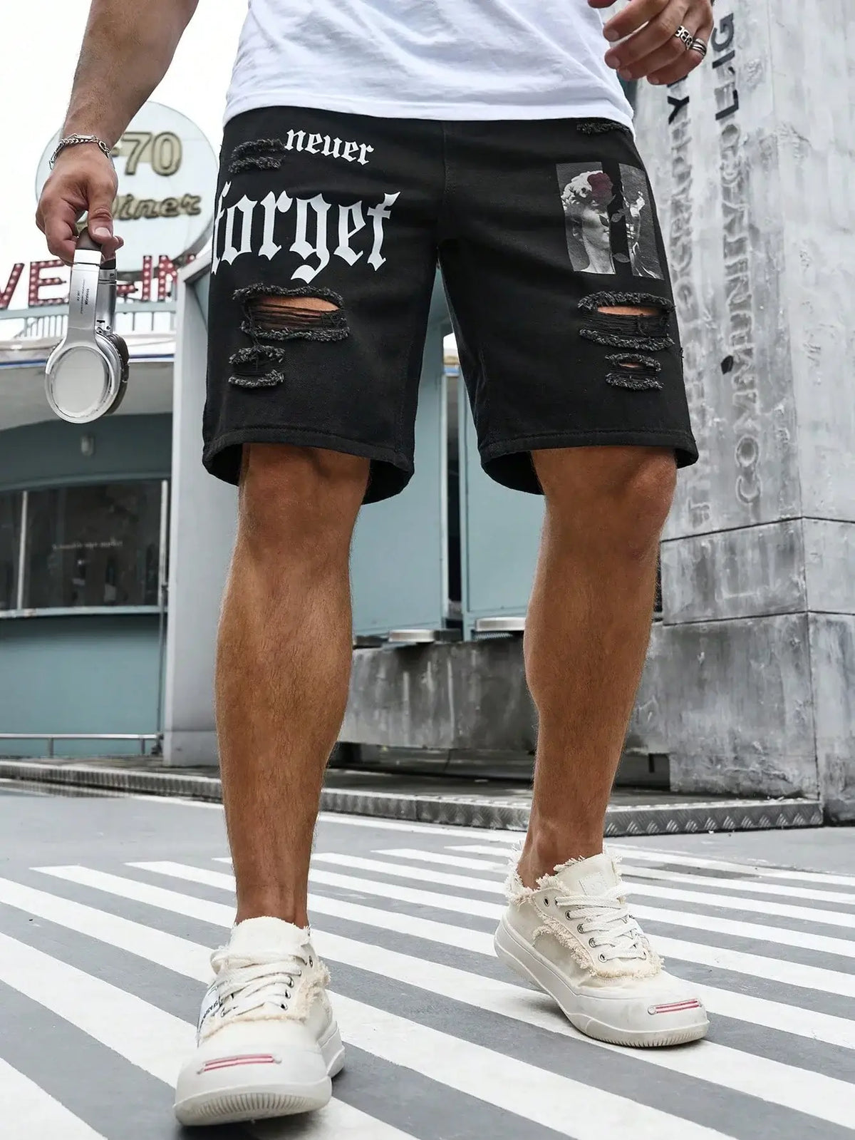 Herren Sommer Stretchy Denim Shorts Jeans Für Herren Streetwear Zerrissene Buchstaben Knielange Baggy Bequeme Cargo Freizeithosen Jeansshorts