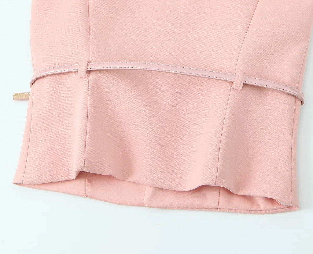 TRAFZA Vintage Chic Solid Women Suit V Neck Sleeveless Sashes Vest Blazer Straight Shorts New Fashion  Summer Office Sets