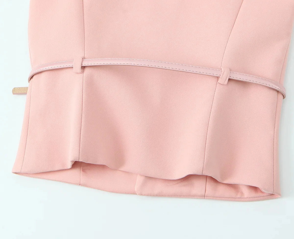 TRAFZA Vintage Chic Solid Women Suit V Neck Sleeveless Sashes Vest Blazer Straight Shorts New Fashion  Summer Office Sets