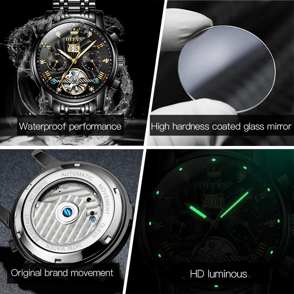 OLEVS Klassische Herrenuhren Tourbillon Multifunktions-Vollautomatik-Herrenuhr Hochwertige Armbanduhren für Herren