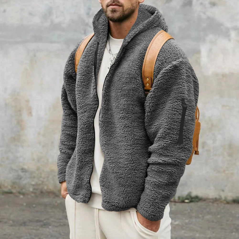 Mens Two-sided Suede Fleece Work Jacket Warm Thermal Winter Hooded Coat Solid Color Outwear Windbreaker
