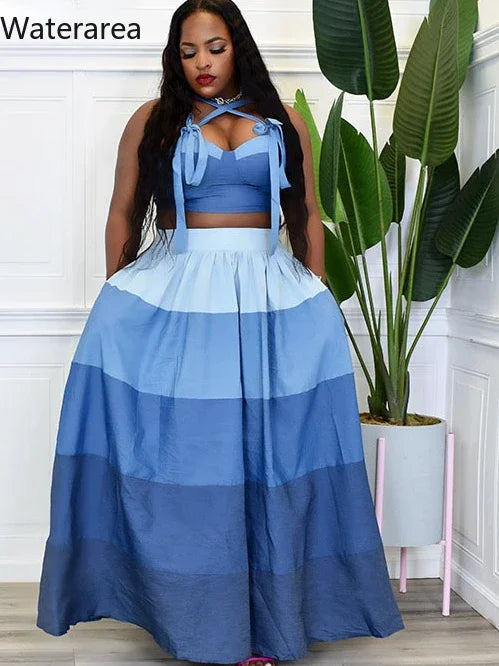 Waterarea Plus Size Blue Striped Skirt Suit Spaghetti Strap Crop Top and Big Swing Long Skirts Two2 Piece Set Sexy Street Summer