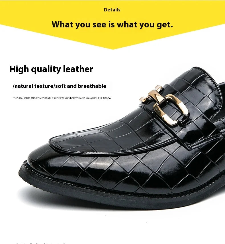 46 Plus-Size Metal Pressed Floral Loafers 2024 New Merchant Leather Shoes Men's Casual Pressed Plaid Leather Pointy