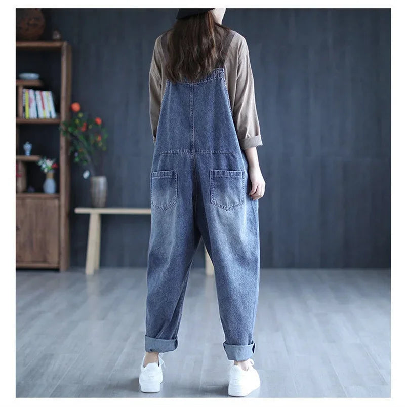 Jumpsuit Women Jeans Rompers New Retro Big Pocket Loose Denim Overalls Fashion Large Size Wide-leg Pants Drop Shipping