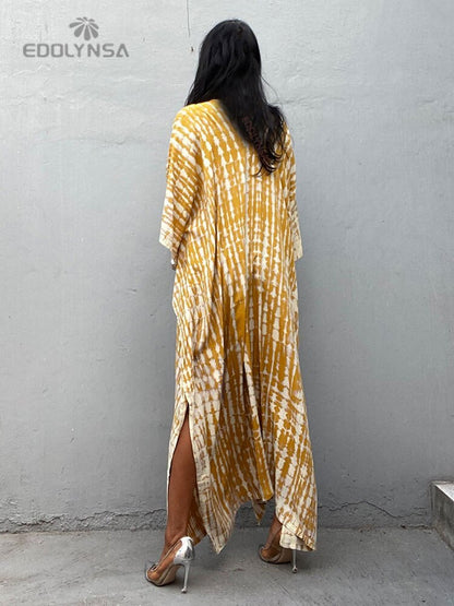 Bohemian Printed V-neck Batwing Sleeve Side Split Loose Dress For Women Clothes Plus Size Beachwear Maxi Dresses Q1218