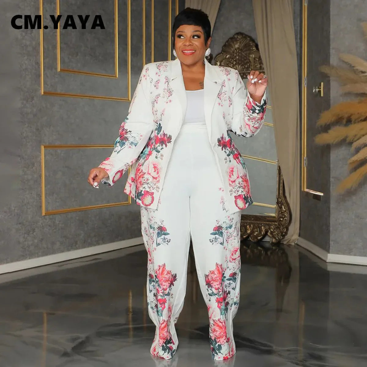 CM.YAYA Plus Size Women's Set Long Sleeve Floral Print Blazer +Wide Leg Pants Suit 2024 Fall Two 2 Piece Set Outfits Tracksuit