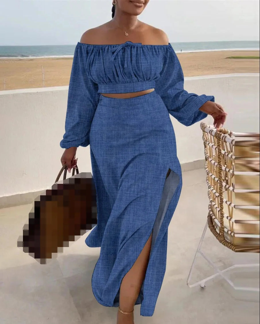 Casual Off Shoulder Suit Sexy Split Printing Loose Long Skirt Two Piece Set For Women Vacation Summer Outfits Vestido Feminino