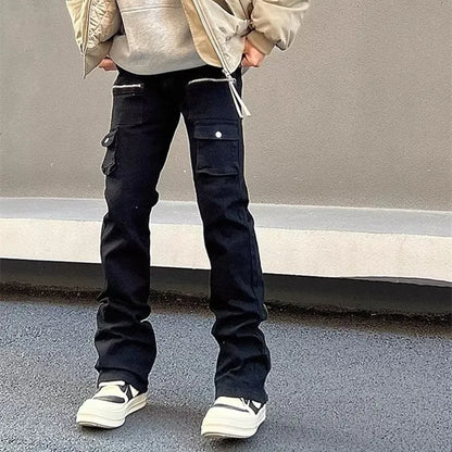 Y2K Fashion Zipper Black Flared Jeans Cargo Pants For Men Designer Clothes Straight Solid Casual Long Trousers Ropa Hombre