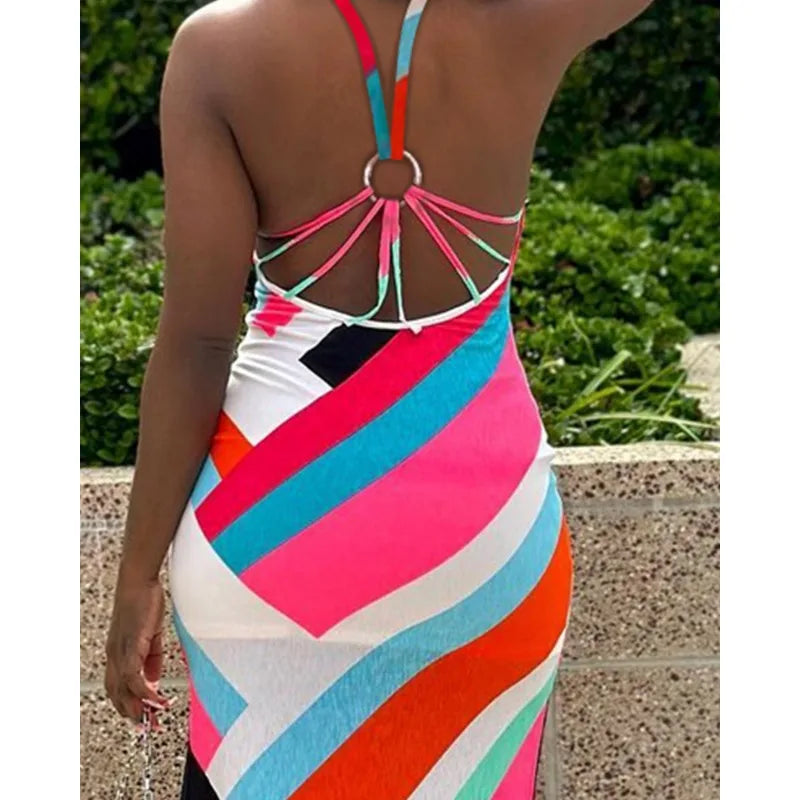 Wepbel Colorful Printed Dress with Suspenders Women Summer Spaghetti Strap Camid Dress Sexy Backless Sheath Midi Sexy Sun Dress