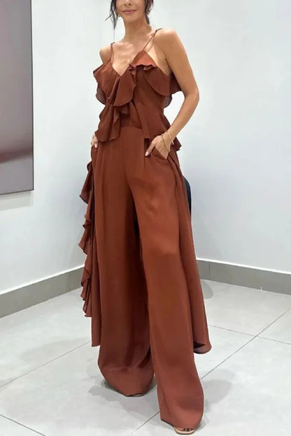 Women's Solid Color Chiffon V-neck Suspender Ruffle Edge Straight Leg Pants Two-piece Set for Summer