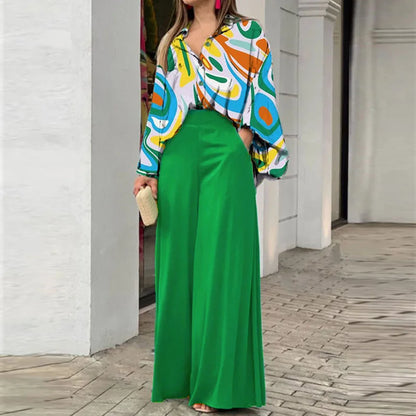 Spring Autumn New Women's Fashion Printed Single Breasted Shirt Solid Color Pants Casual Comfort Two Piece Set