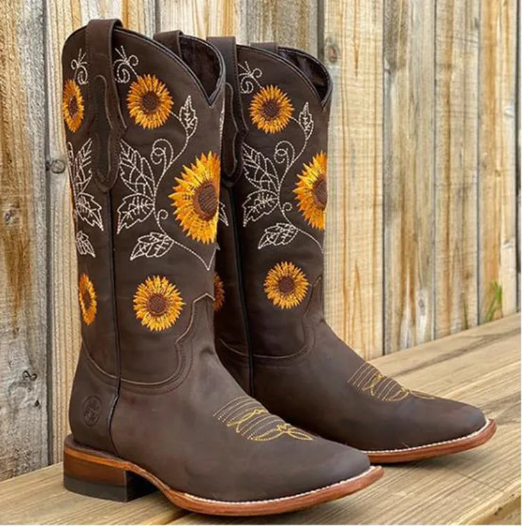 WTEMPO Women Brown Embroidery Boots PU Leather Printed Western Cowboy Boots Deep V-mouth High Tube Casual Boots Classic Shoes