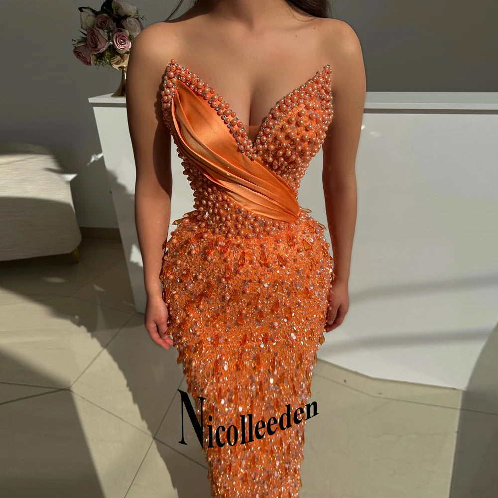 Nicolle Luxury V Neck Prom Dresses for Women Pearls Crystals Sequined Pleats Sheath Party Vestidos De Festa Customized