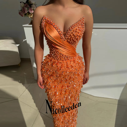 Nicolle Luxury V Neck Prom Dresses for Women Pearls Crystals Sequined Pleats Sheath Party Vestidos De Festa Customized