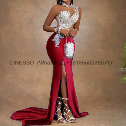 Side Split Mermaid Prom Dresses With Sheer Long Sleeves Appliques Women Long Sweep Train Graduation Dress Evening customized
