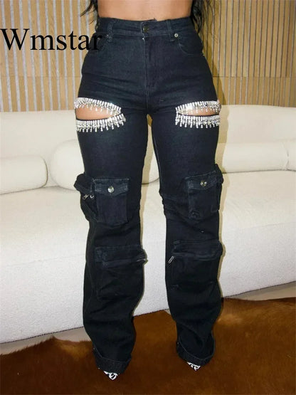 Wmstar  Autumn Style Personalized Women Pants with Tassel Diamond Pieces Mid Waist Straight Leg Jeans Wholesale Dropshipping