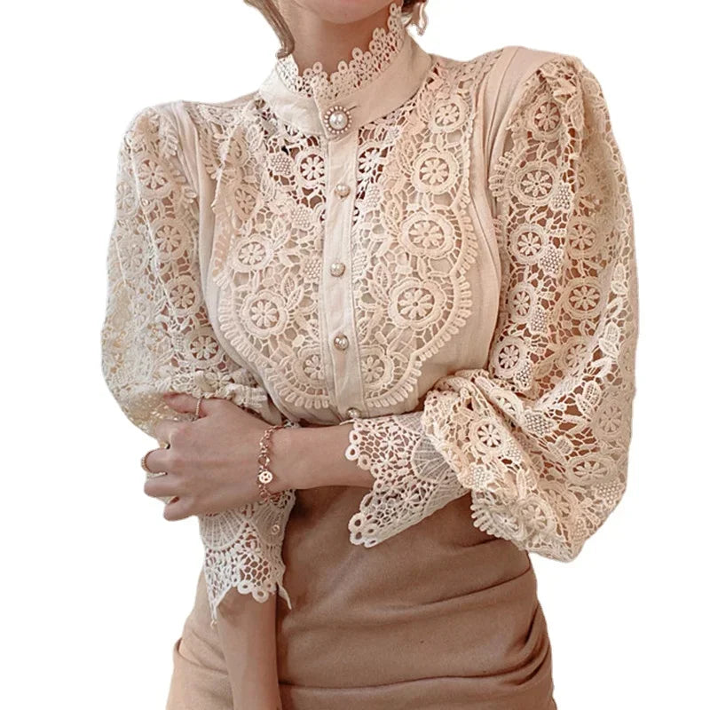 Women White Lace Blouse Long Sleeve Vintage Lace Shirt Korea Fine Elegant Pearl Button Flower Blouse Sexy OL Office Outfit Top