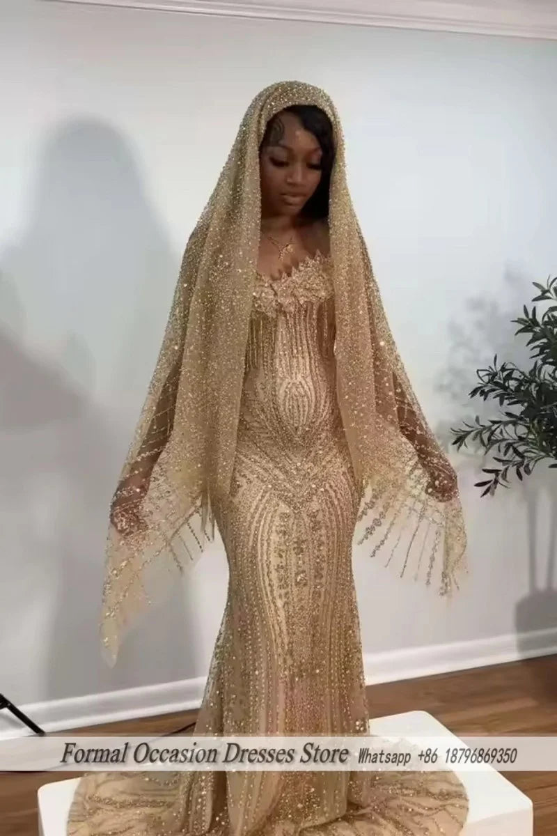 Luxury Red Prom Dresses With Veil 2026 Sequin Beading Black Girls Evening Dress 2025 Sleeveless Birthday Party Gowns Customized