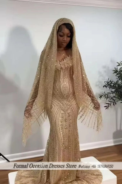 Luxury Red Prom Dresses With Veil 2026 Sequin Beading Black Girls Evening Dress 2025 Sleeveless Birthday Party Gowns Customized