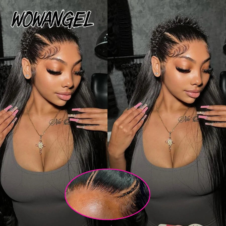 WowAngel 250% Verbesserte 13x6 HD Lace Full Frontal Wigs Glueless Glatte Echthaarperücken Vorgezupfte Natürliche Kopfhaut Brasilianisches Haar