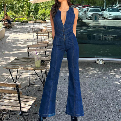 Women Fashion Sleeveless Denim Jumpsuit Zipper Playsuits High Waist Back Heart Pattern Jumpsuit For Women  Summer Streetwear