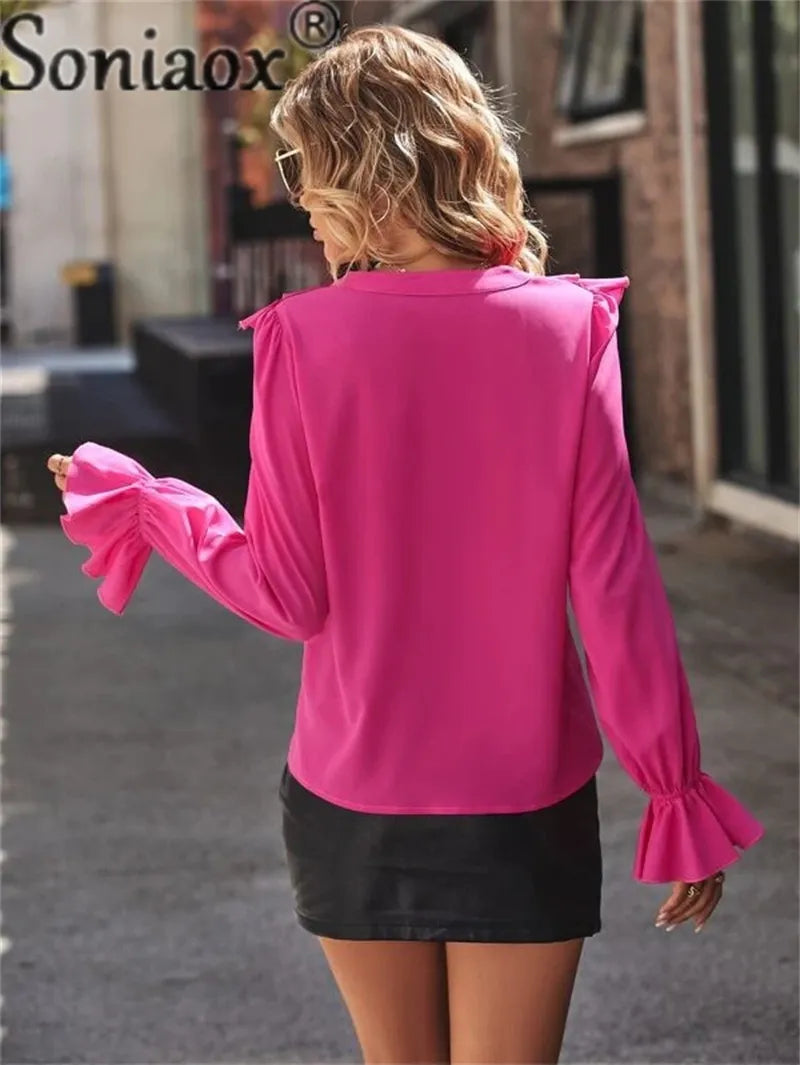 Autumn Ruffle Splice V-Neck Pullover Shirt Ladies Elegant Solid Color Flared Long Sleeve Blouse Women Daily Casual Commuter Tops