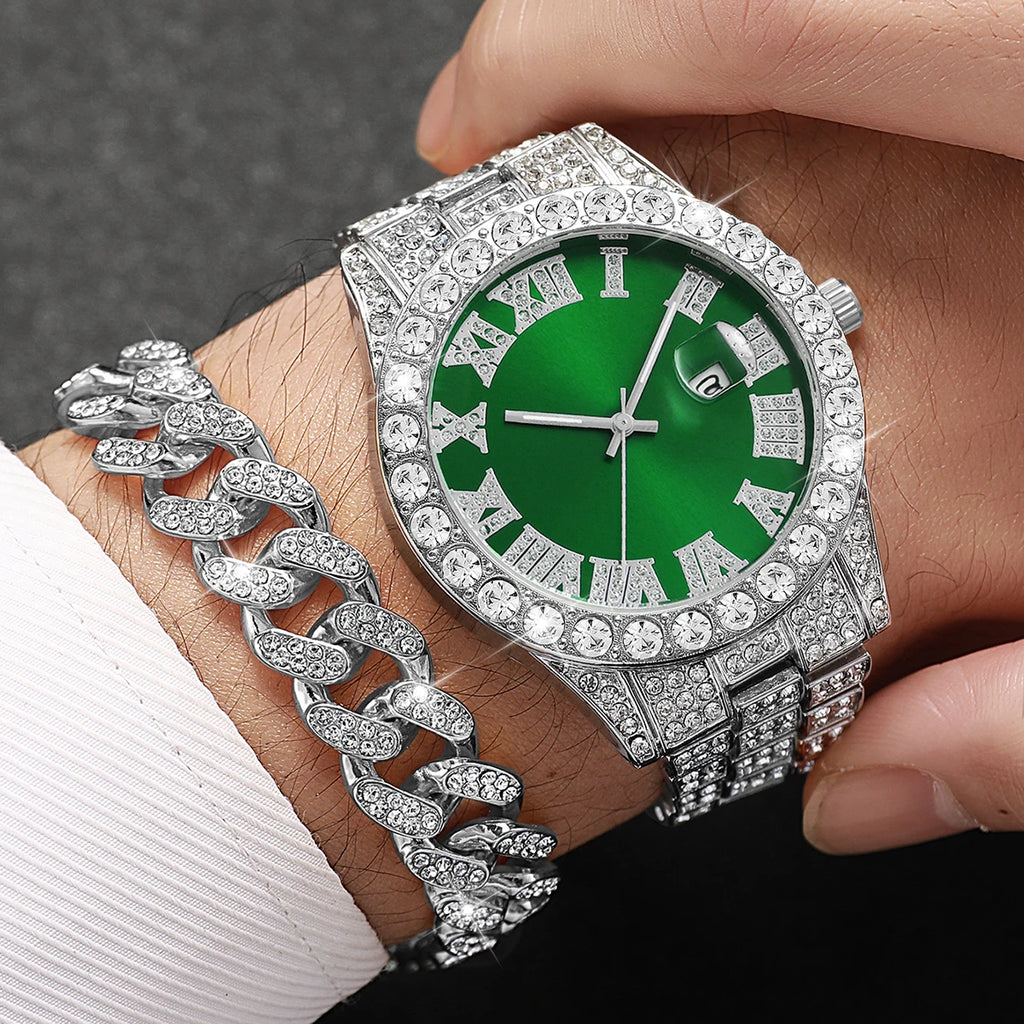 3PCS Luxury Full Diamond Men Watch Bracelet Necklace Set Fashion Hip Pop Men's Calendar Quartz Watches Reloj Mujer?Without Box?