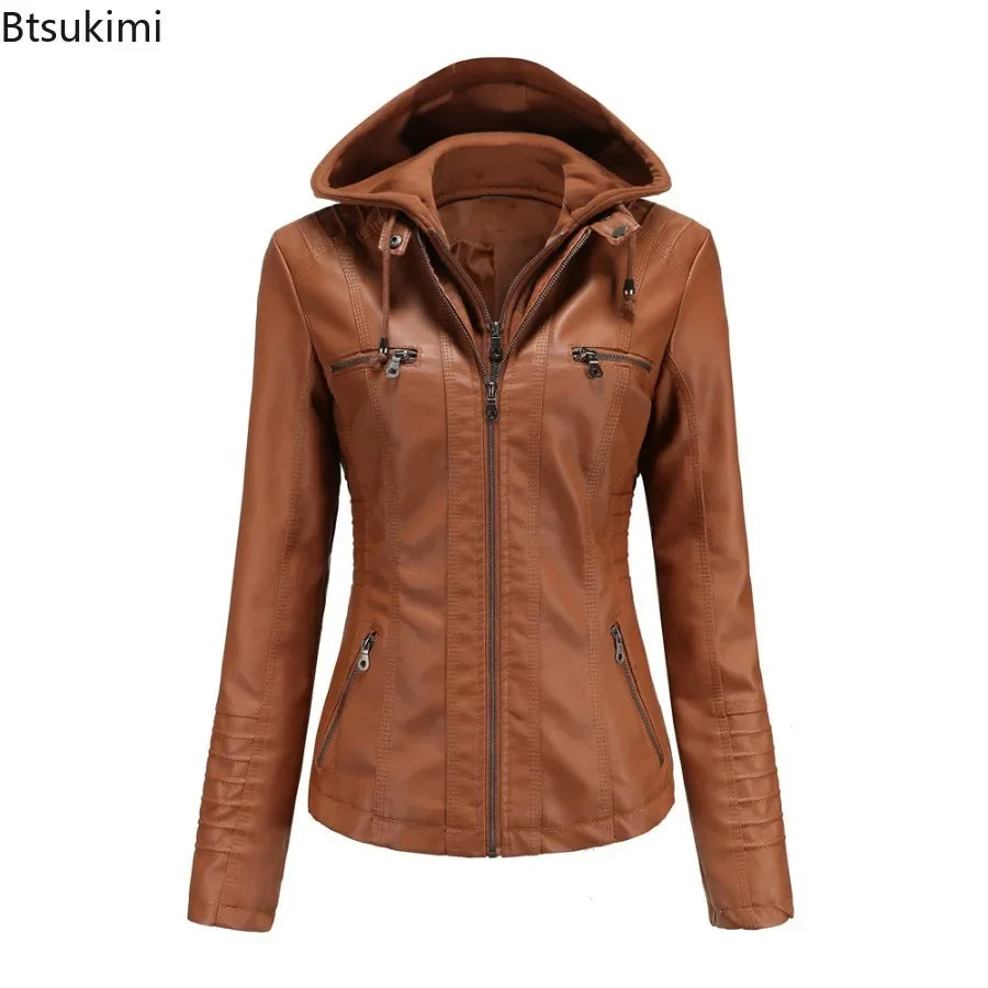 2024 Women's Hooded Leather Jacket 2 Pieces Set with Detachable Large Leather Jacket for Women Spring  Autumn PU Leather Jacket