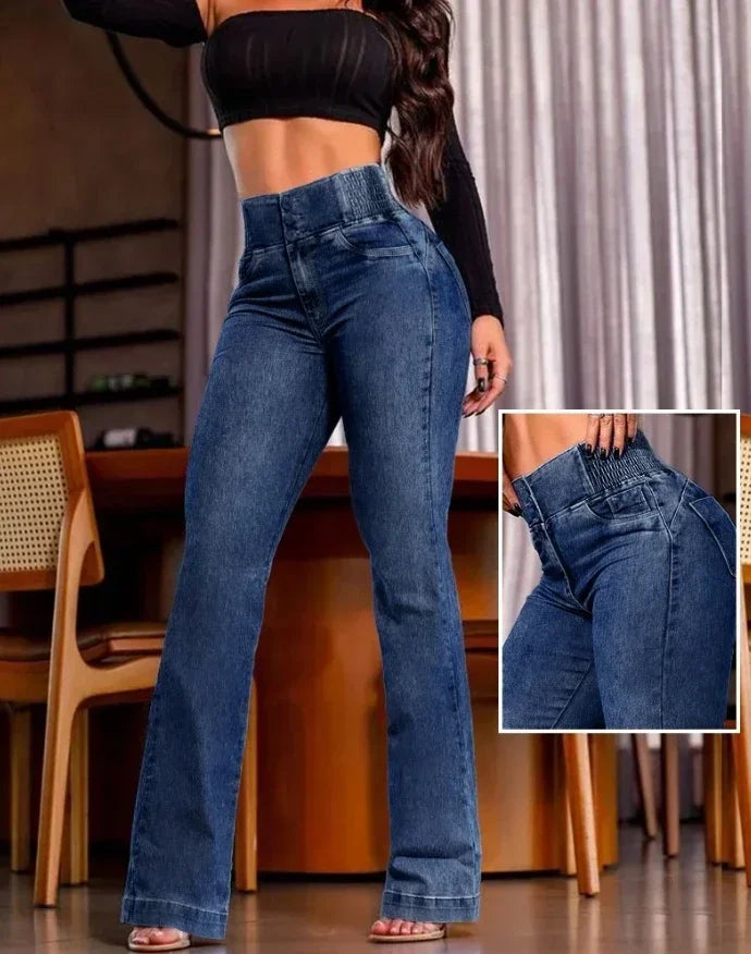 ALLUKASA  autumn winter  Elegant High Waist Button Front Casual Female Jeans Sexy  Fashion Back Shirred Trouser Bottom