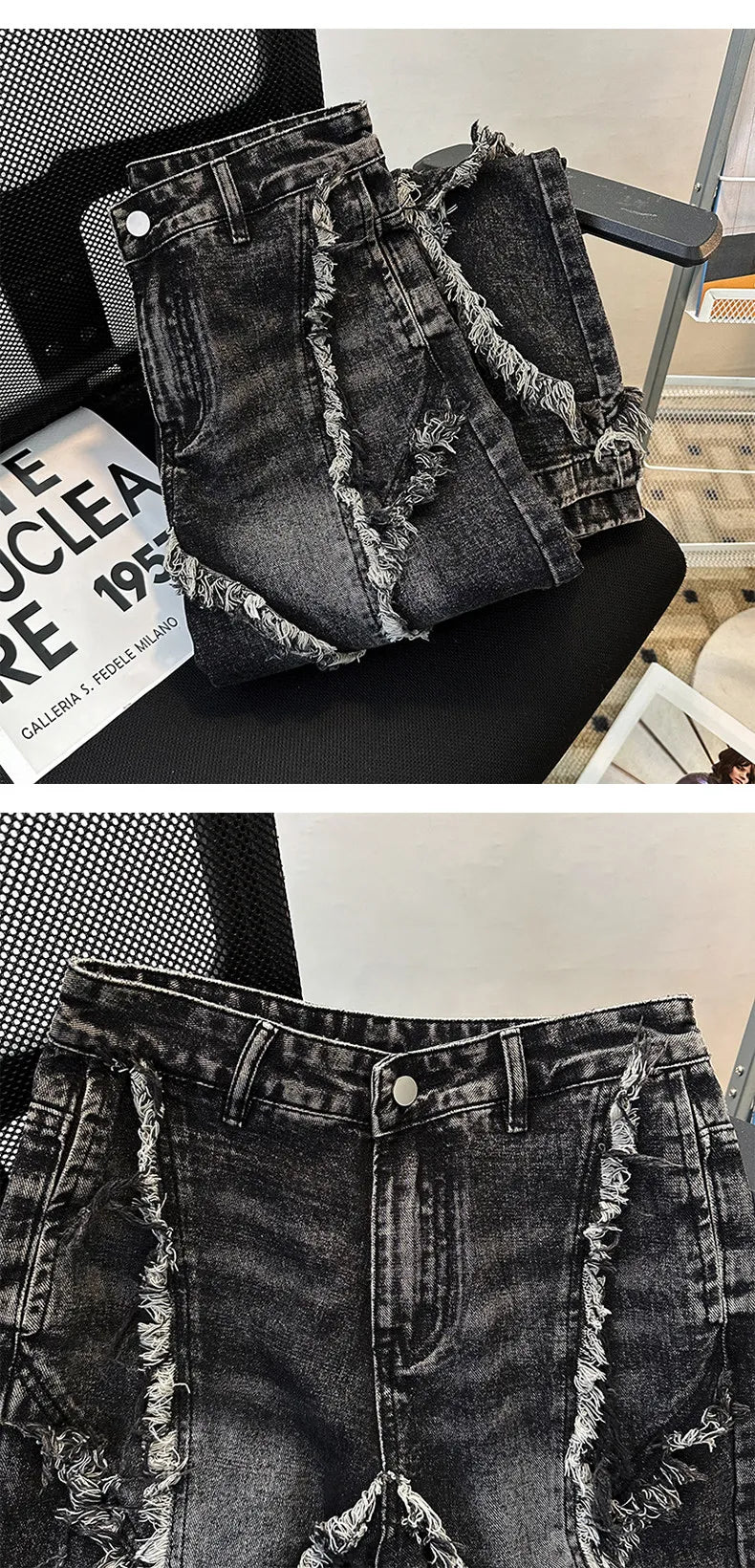 Men's Fringed Denim Set 2026 Spring New American Retro Washed Shoulder Padded Zipper Jacket Splicing Jeans Two Pieces Sets